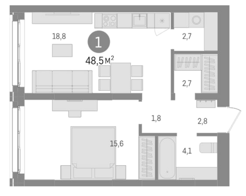 Планировка 2е-к. квартира 48.50 м² в ЖК «Европейский берег»