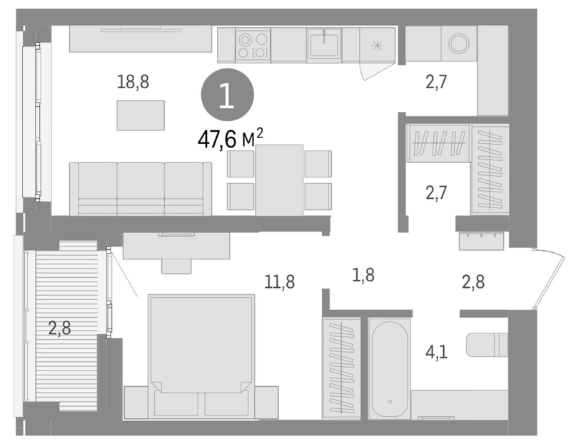 Планировка 2е-к. квартира 44.80 м² в ЖК «Европейский берег»