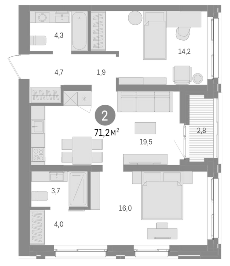 Планировка 3е-к.кв 68.40 м² в ЖК «Европейский берег»