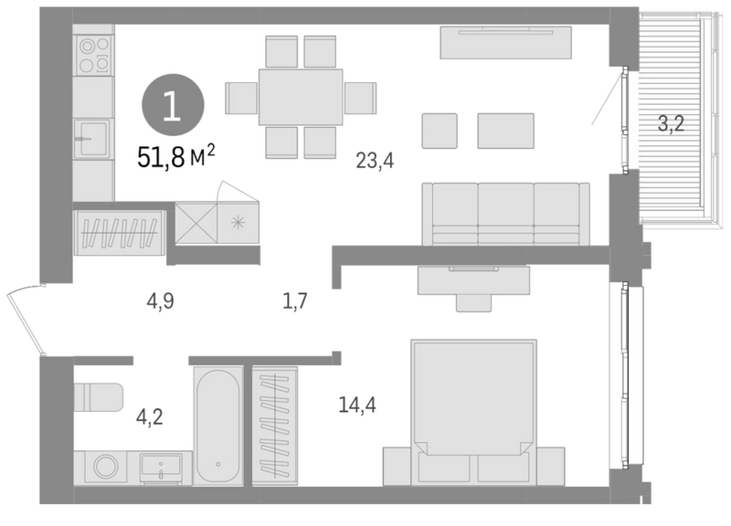 Планировка 2е-к. квартира 48.60 м² в ЖК «Европейский берег»