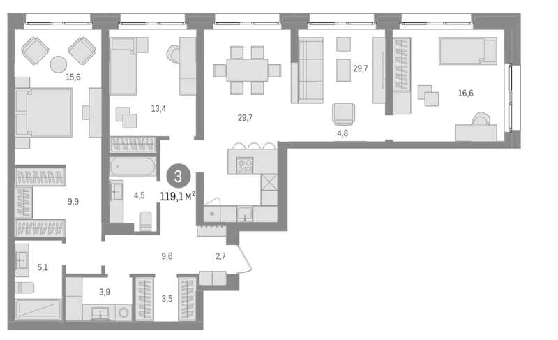 Планировка 4е-к. квартира 119.10 м² в ЖК «Европейский берег»