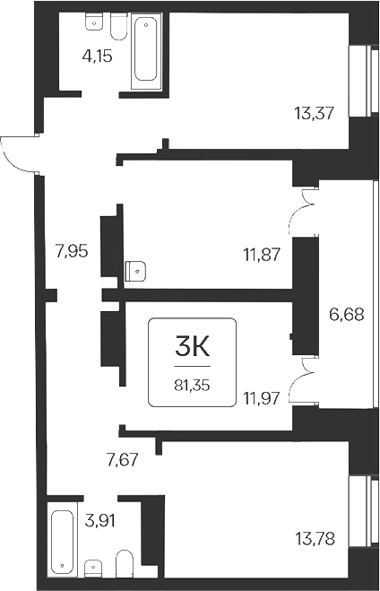 Планировка 3-к.кв 74.67 м² в ЖК «Сакура парк»