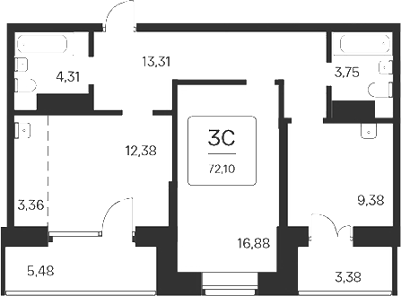 Планировка 3е-к.кв 63.24 м² в ЖК «Сакура парк»