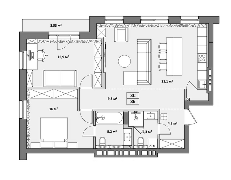 Планировка 3е-к.кв 86.83 м² в ЖК «Жуковка»