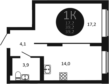 Планировка 1-к. квартира 39.20 м² в ЖК «Первый на Есенина»