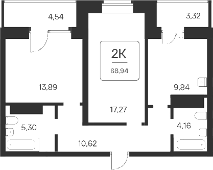Планировка 2-к.кв 61.08 м² в ЖК «Сакура парк»