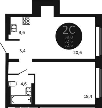 Планировка 2е-к. квартира 52.60 м² в ЖК «Первый на Есенина»