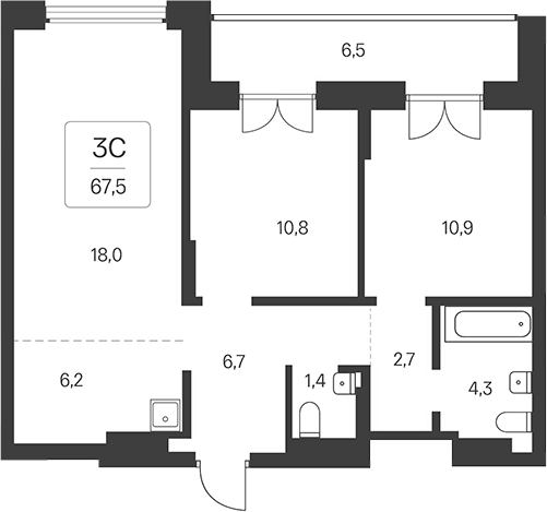 Планировка 3е-к.кв 61.00 м² в ЖК «Расцветай на Кропоткина»