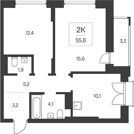 Планировка 2-к.кв 52.50 м² в ЖК «Расцветай на Кропоткина»