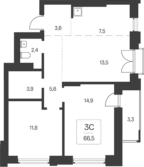 Планировка 3е-к.кв 63.30 м² в ЖК «Расцветай на Кропоткина»