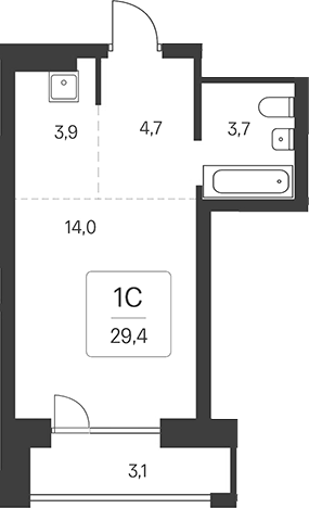Планировка студия 26.30 м² в ЖК «Расцветай на Кропоткина»