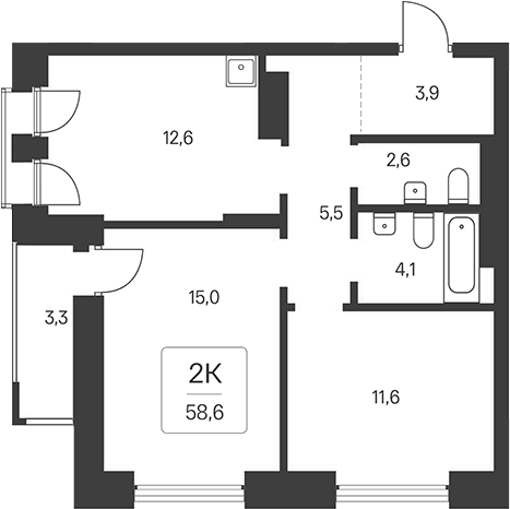 Планировка 2-к.кв 55.30 м² в ЖК «Расцветай на Кропоткина»
