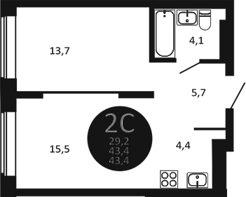 Планировка 2е-к. квартира 43.40 м² в ЖК «Первый на Есенина»