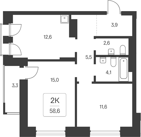 Планировка 2-к.кв 55.30 м² в ЖК «Расцветай на Кропоткина»