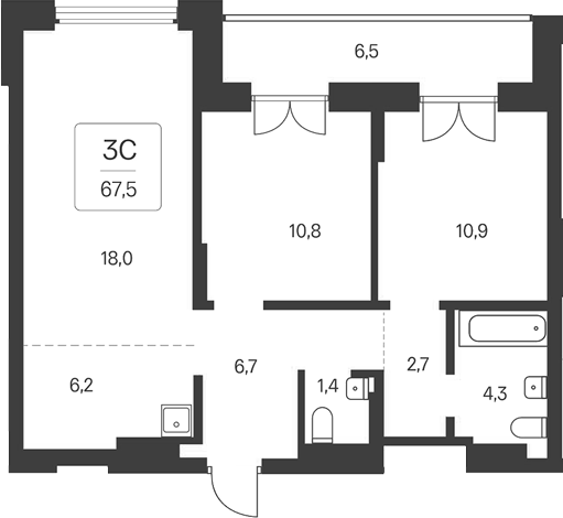 Планировка 3е-к.кв 61.00 м² в ЖК «Расцветай на Кропоткина»