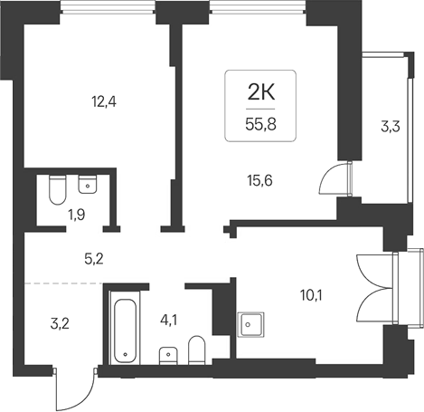 Планировка 2-к.кв 52.50 м² в ЖК «Расцветай на Кропоткина»