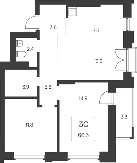 Планировка 3е-к. квартира 63.30 м² в ЖК «Расцветай на Кропоткина»