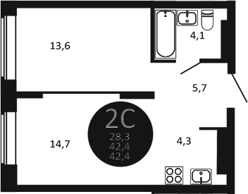 Планировка 2е-к.кв 42.40 м² в ЖК «Первый на Есенина»