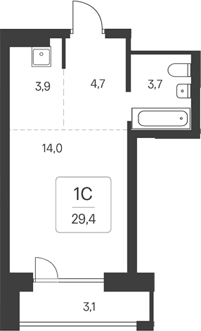 Планировка студии 26.30 м² в ЖК «Расцветай на Кропоткина»
