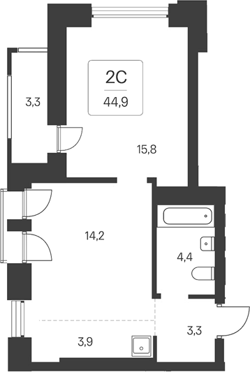 Планировка 2е-к.кв 41.60 м² в ЖК «Расцветай на Кропоткина»