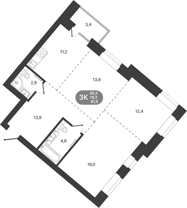 Планировка 3-к.кв 79.90 м² в ЖК «Спектр»