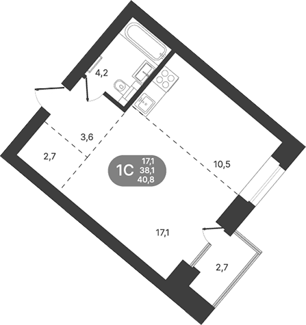 Планировка 1-к.кв 39.45 м² в ЖК «Спектр»