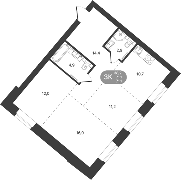 Планировка 3-к.кв 71.10 м² в ЖК «Спектр»