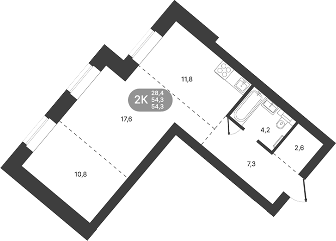 Планировка 2-к.кв 54.30 м² в ЖК «Спектр»