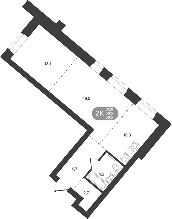 Планировка 2-к.кв 56.50 м² в ЖК «Спектр»