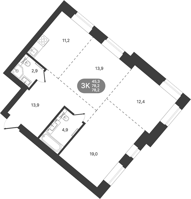 Планировка 3-к.кв 78.20 м² в ЖК «Спектр»