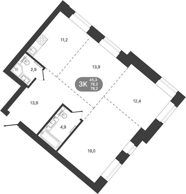 Планировка 3-к.кв 78.20 м² в ЖК «Спектр»