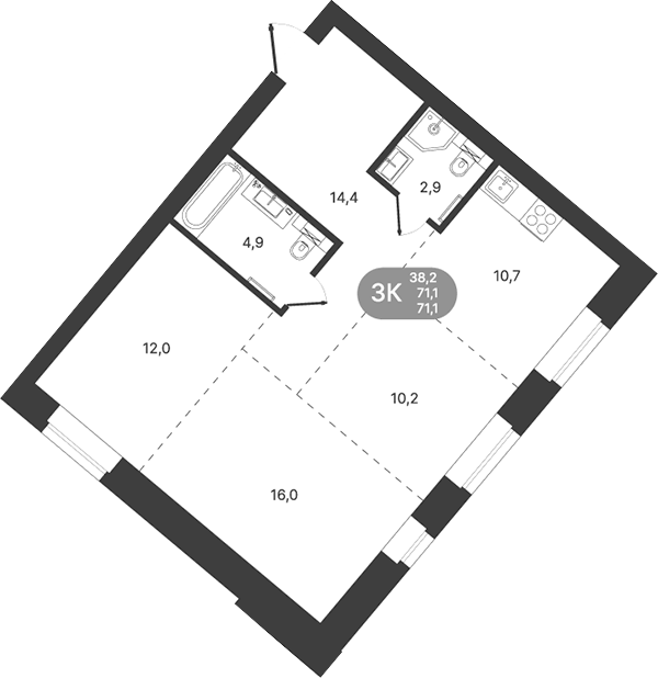 Планировка 3-к.кв 71.10 м² в ЖК «Спектр»