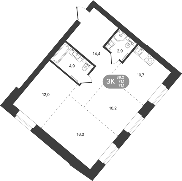 Планировка 3-к.кв 71.10 м² в ЖК «Спектр»