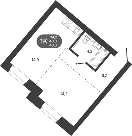Планировка 1-к.кв 40.00 м² в ЖК «Спектр»