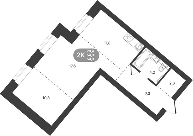 Планировка 2-к.кв 54.30 м² в ЖК «Спектр»