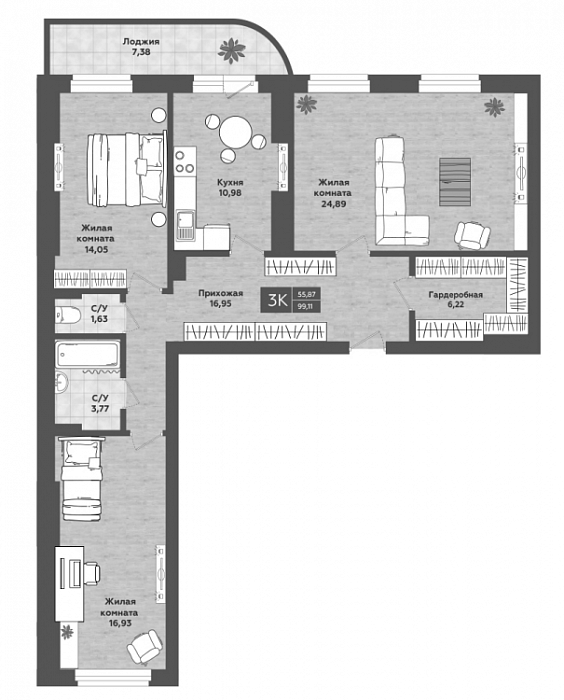 Планировка 3-к.кв 95.42 м² в ЖК «Сосны»
