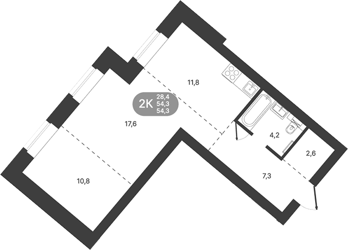 Планировка 2-к.кв 54.30 м² в ЖК «Спектр»