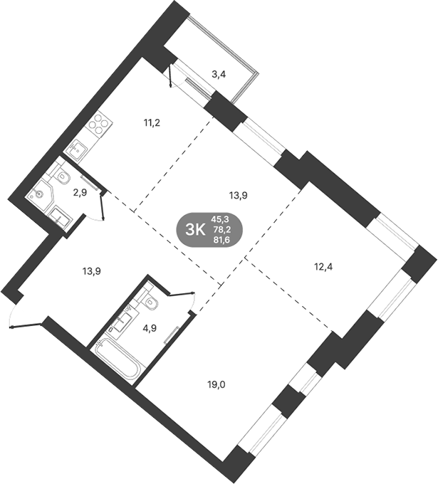 Планировка 3-к.кв 78.20 м² в ЖК «Спектр»