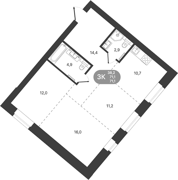 Планировка 3-к.кв 71.10 м² в ЖК «Спектр»