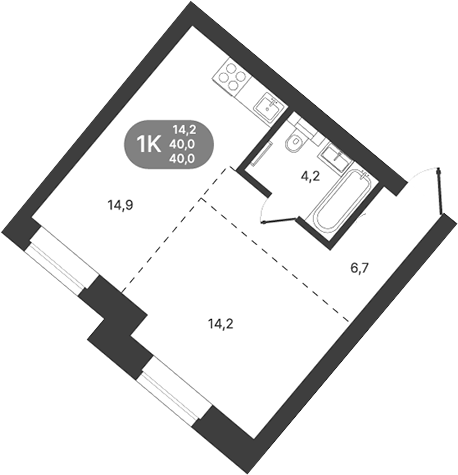 Планировка 1-к.кв 40.00 м² в ЖК «Спектр»