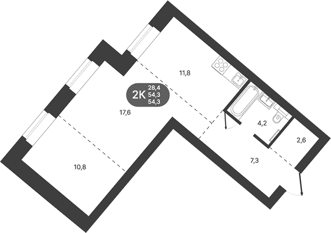Планировка 2-к.кв 54.30 м² в ЖК «Спектр»