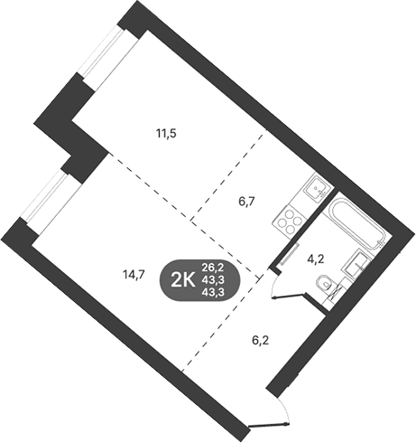 Планировка 2-к.кв 43.30 м² в ЖК «Спектр»
