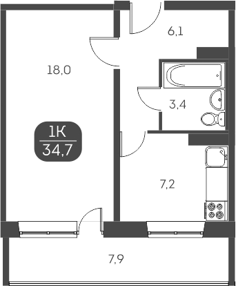 Планировка 1-к.кв 34.63 м² в ЖК «Аквамарин»