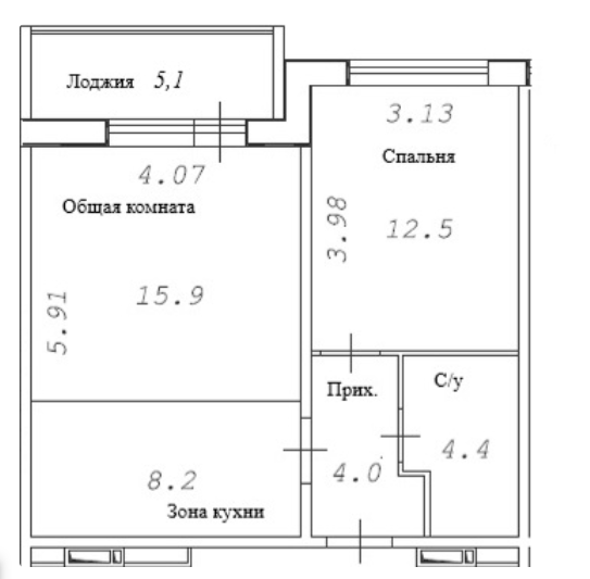 Планировка 2е-к. квартира 47.45 м² в ЖК «Фламинго»