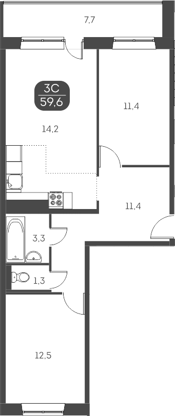 Планировка 2-к.кв 59.55 м² в ЖК «Аквамарин»