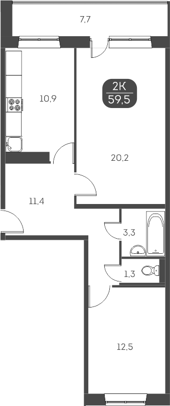 Планировка 2-к.кв 59.50 м² в ЖК «Аквамарин»