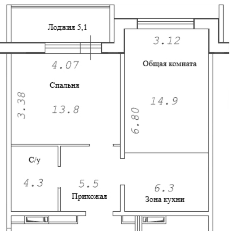 Планировка 2е-к. квартира 47.35 м² в ЖК «Фламинго»