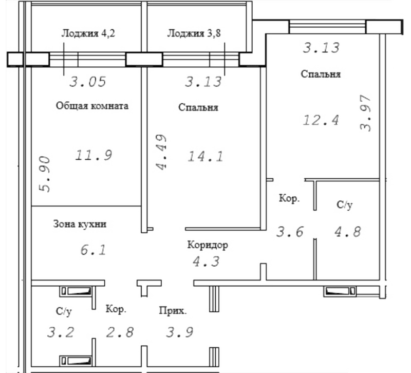 Планировка 3е-к. квартира 67.10 м² в ЖК «Фламинго»