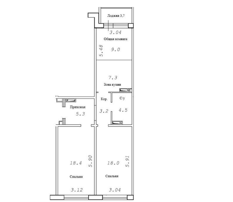 Планировка 3е-к.кв 67.55 м² в ЖК «Фламинго»