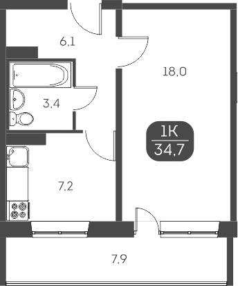 Планировка 1-к.кв 34.63 м² в ЖК «Аквамарин»